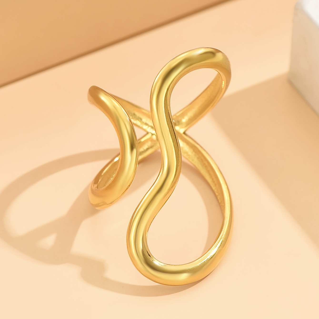 Irregular Line Stainless Steel Open Ring Polished Golden Finish